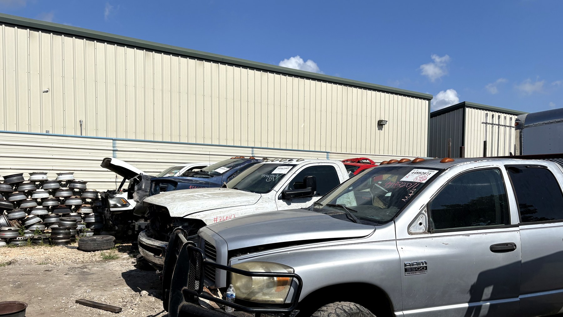 Row of Dodge diesel trucks at the NEXT Auto Parts used parts yard
